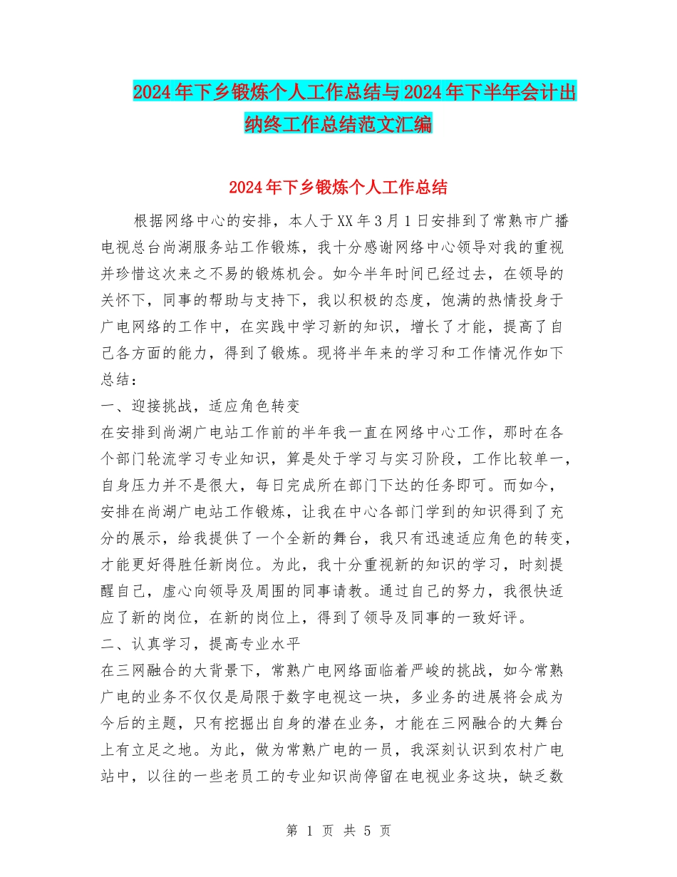2024年下乡锻炼个人工作总结与2024年下半年会计出纳终工作总结范文汇编_第1页