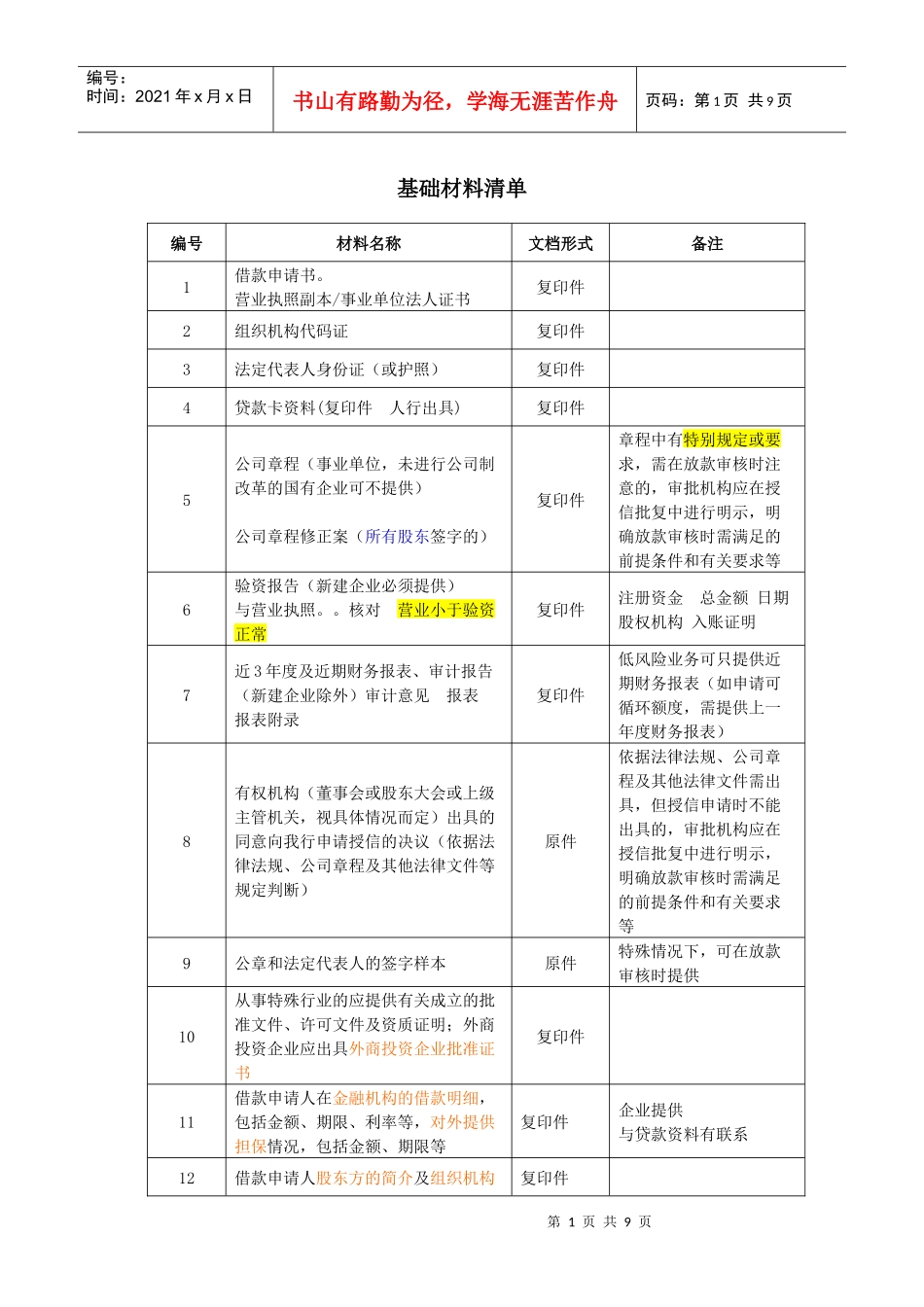 银行公司信贷基础材料清单_第1页