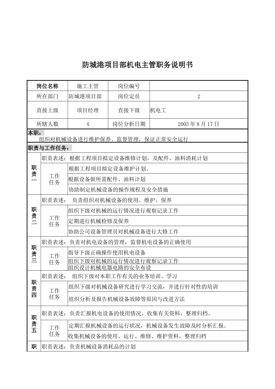 防城港项目部机电主管职务说明书_第1页