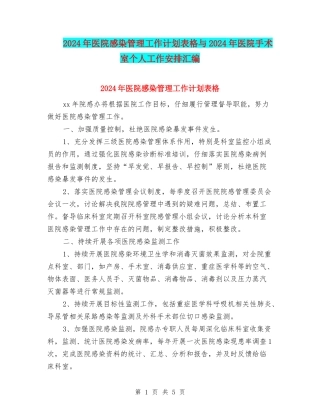 2024年医院感染管理工作计划表格与2024年医院手术室个人工作安排汇编