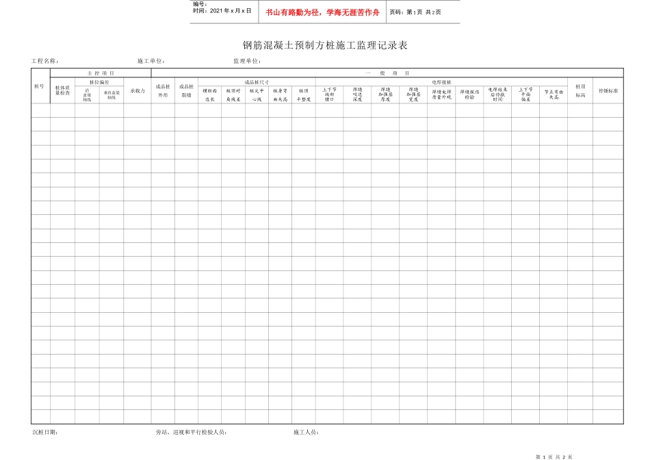 钢筋混凝土预制方桩施工监理记录表_第1页