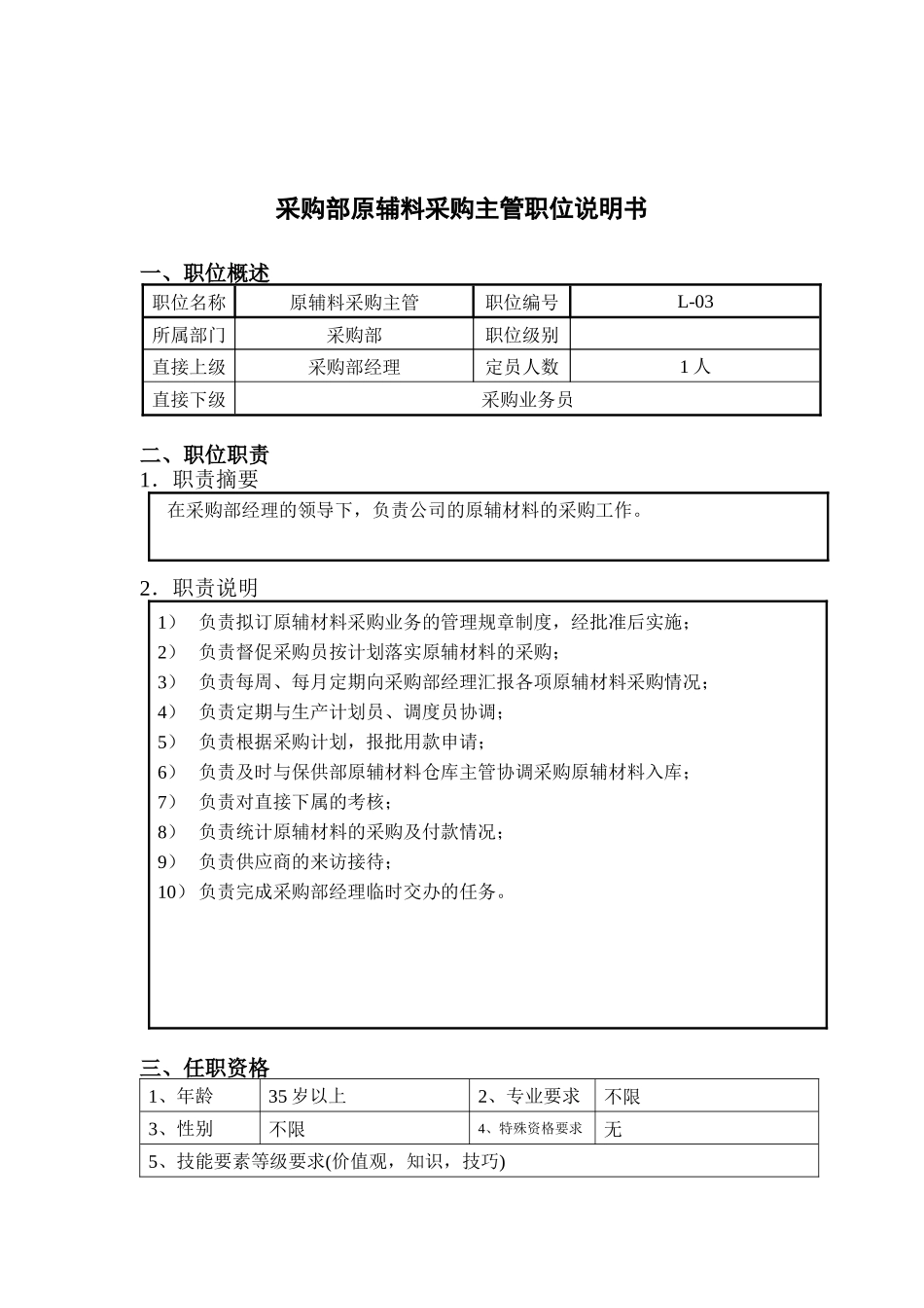 钢铁行业-采购部-原辅料采购主管岗位说明书_第1页