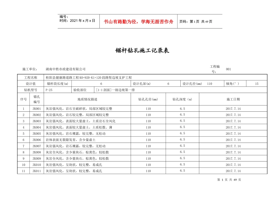 锚杆钻孔施工记录表_第1页