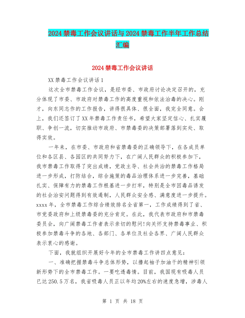 2024禁毒工作会议讲话与2024禁毒工作半年工作总结汇编_第1页