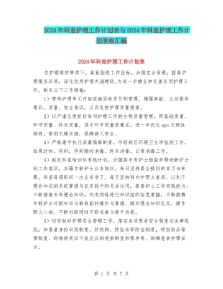 2024年科室护理工作计划表与2024年科室护理工作计划表格汇编