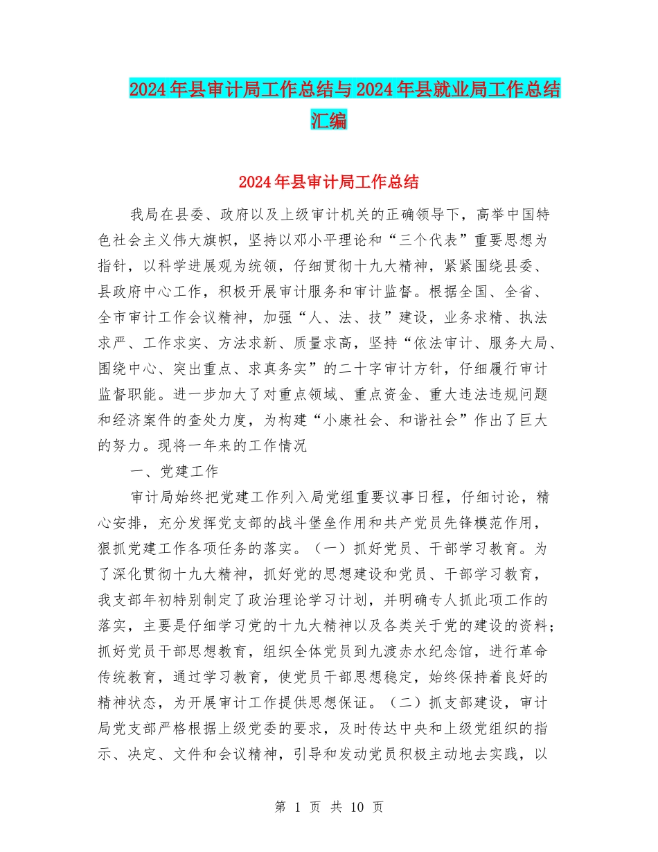2024年县审计局工作总结与2024年县就业局工作总结汇编_第1页