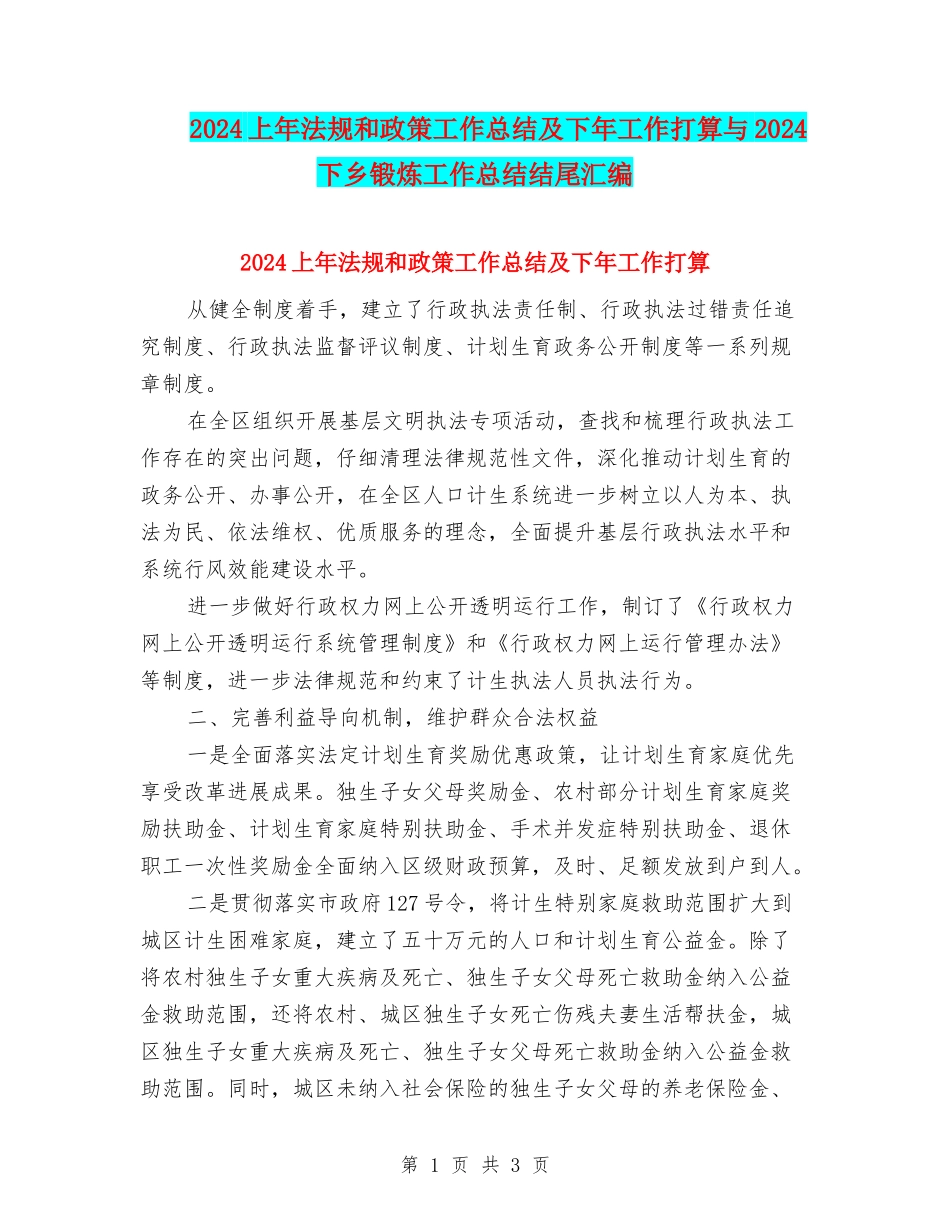 2024上年法规和政策工作总结及下年工作打算与2024下乡锻炼工作总结结尾汇编_第1页