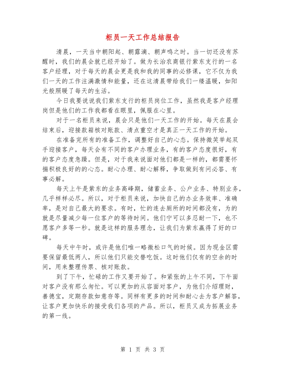 柜员一天工作总结报告_第1页