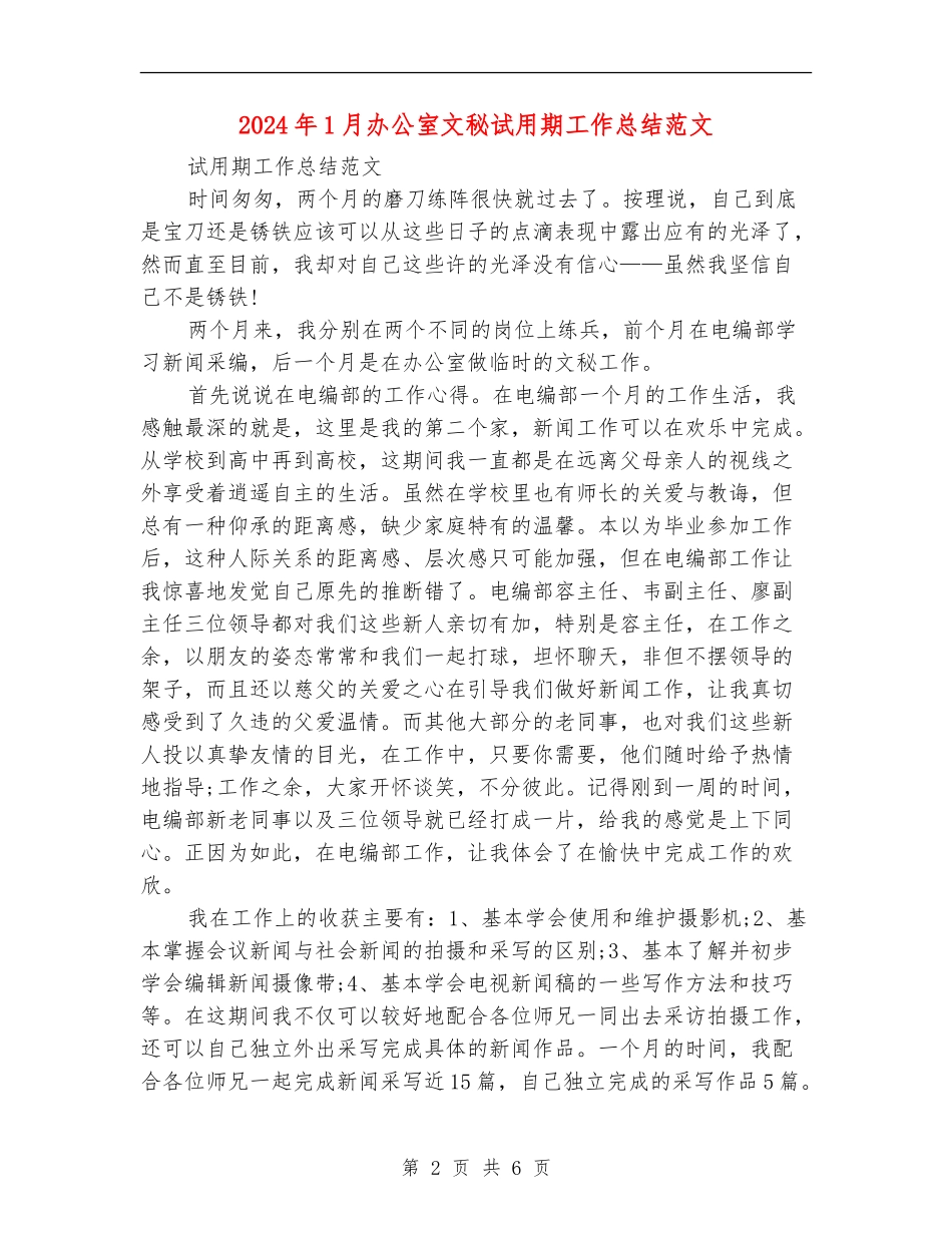 2024年1月办公室文秘试用期工作总结范文_第2页