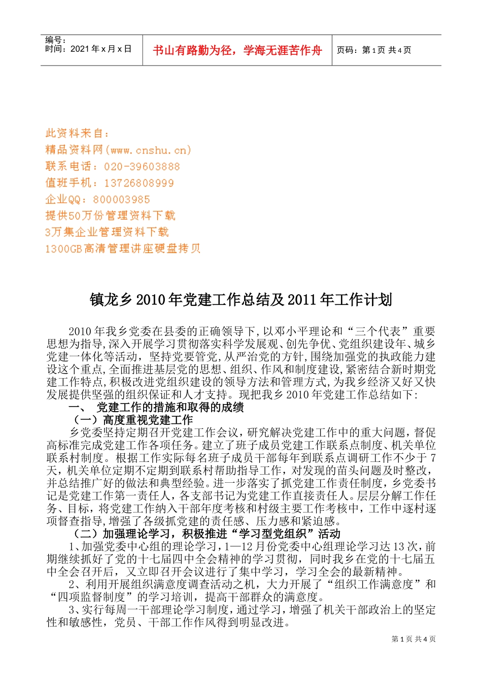 镇龙乡年度党建工作总结与工作计划_第1页