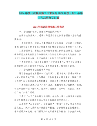 2024年统计法规实施工作意见与2024年统计站上半年工作总结范文汇编