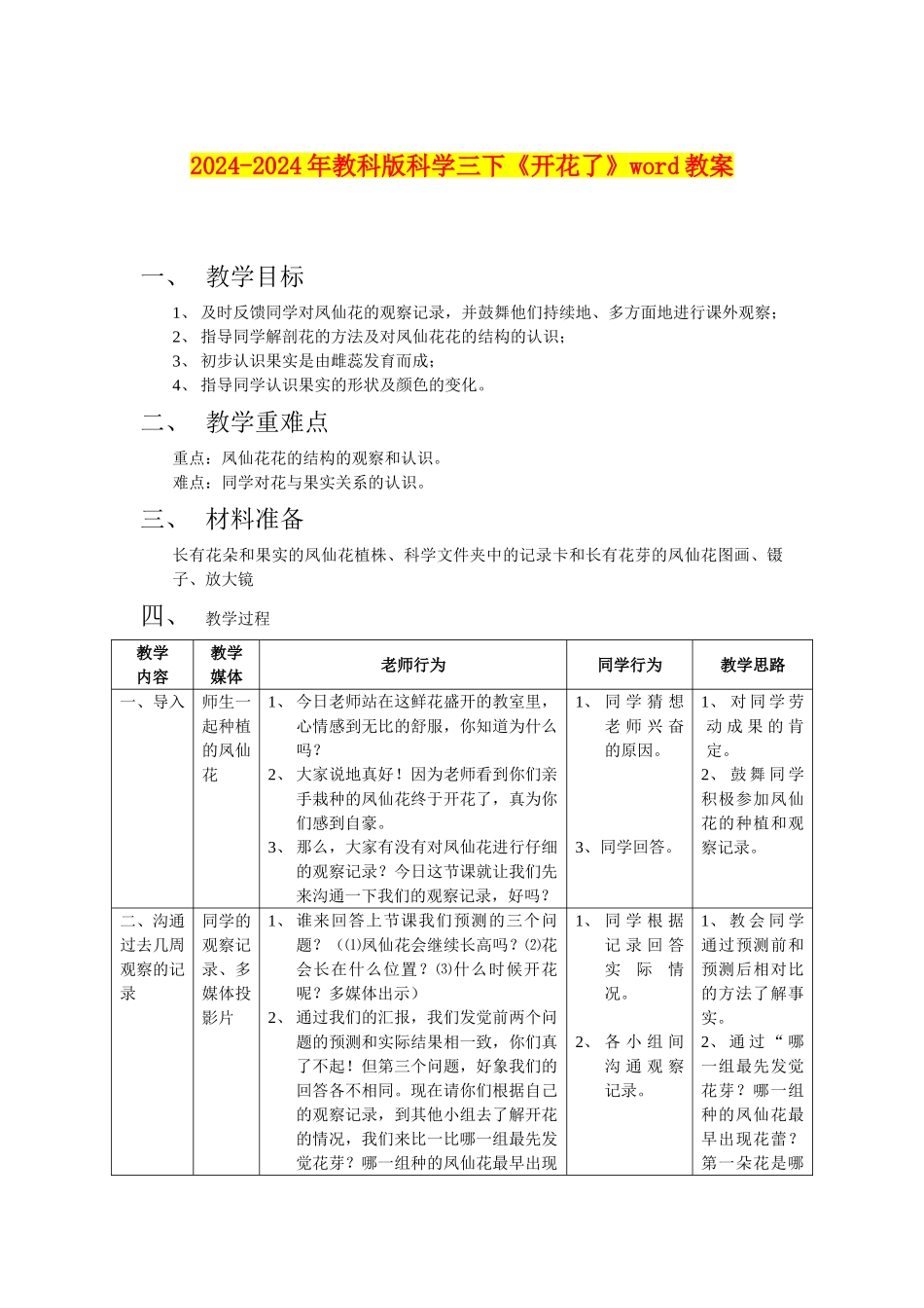 2024-2024年教科版科学三下《开花了》word教案_第1页