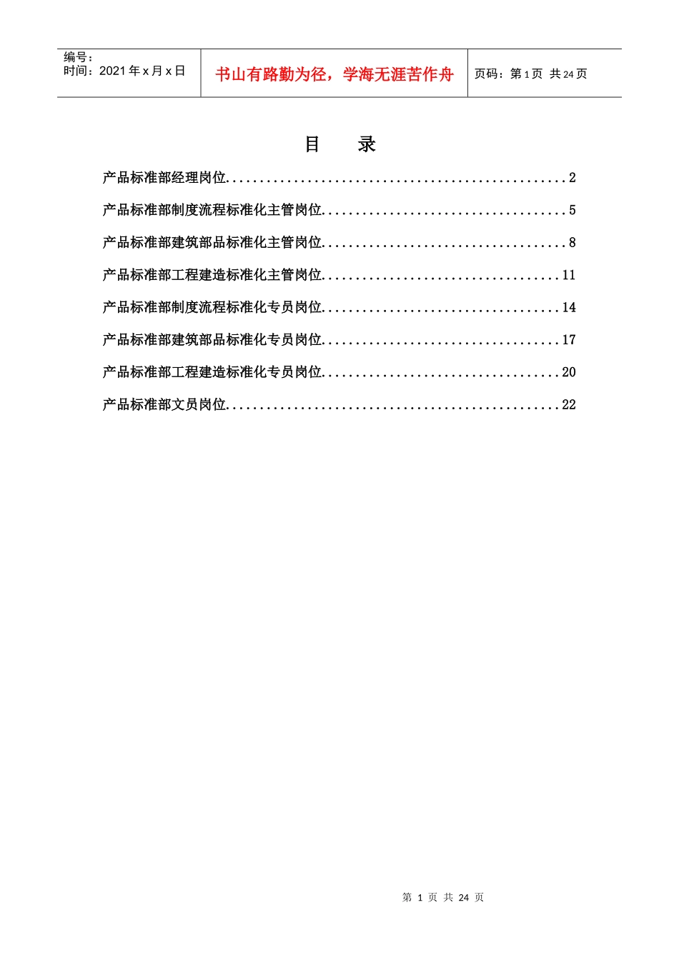 集团总部产品标准部岗位说明书汇编_第1页
