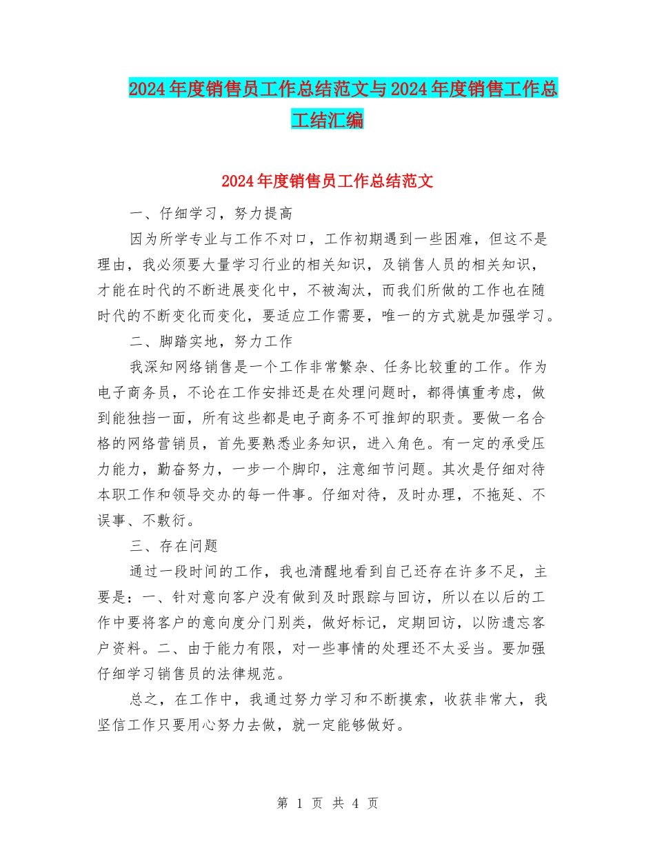 2024年度销售员工作总结范文与2024年度销售工作总工结汇编_第1页