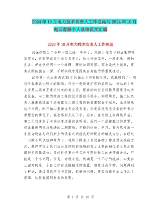 2024年10月电力技术负责人工作总结与2024年10月电话客服个人总结范文汇编