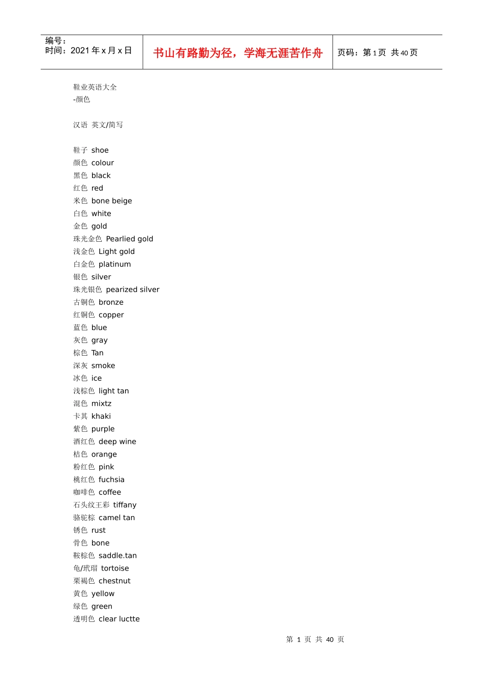 鞋业中英文对照大全_第1页