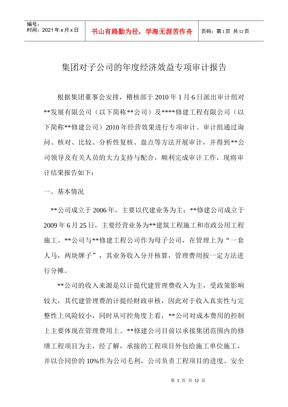 集团对子公司的年度经济效益专项审计报告模板_第1页