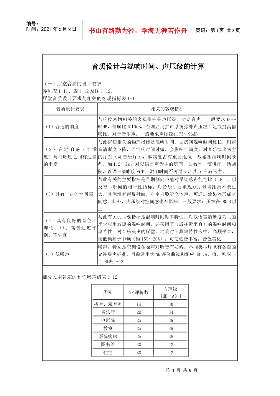 音质设计与混响时间、声压级的计算_第1页