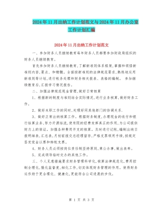 2024年11月出纳工作计划范文与2024年11月办公室工作计划汇编