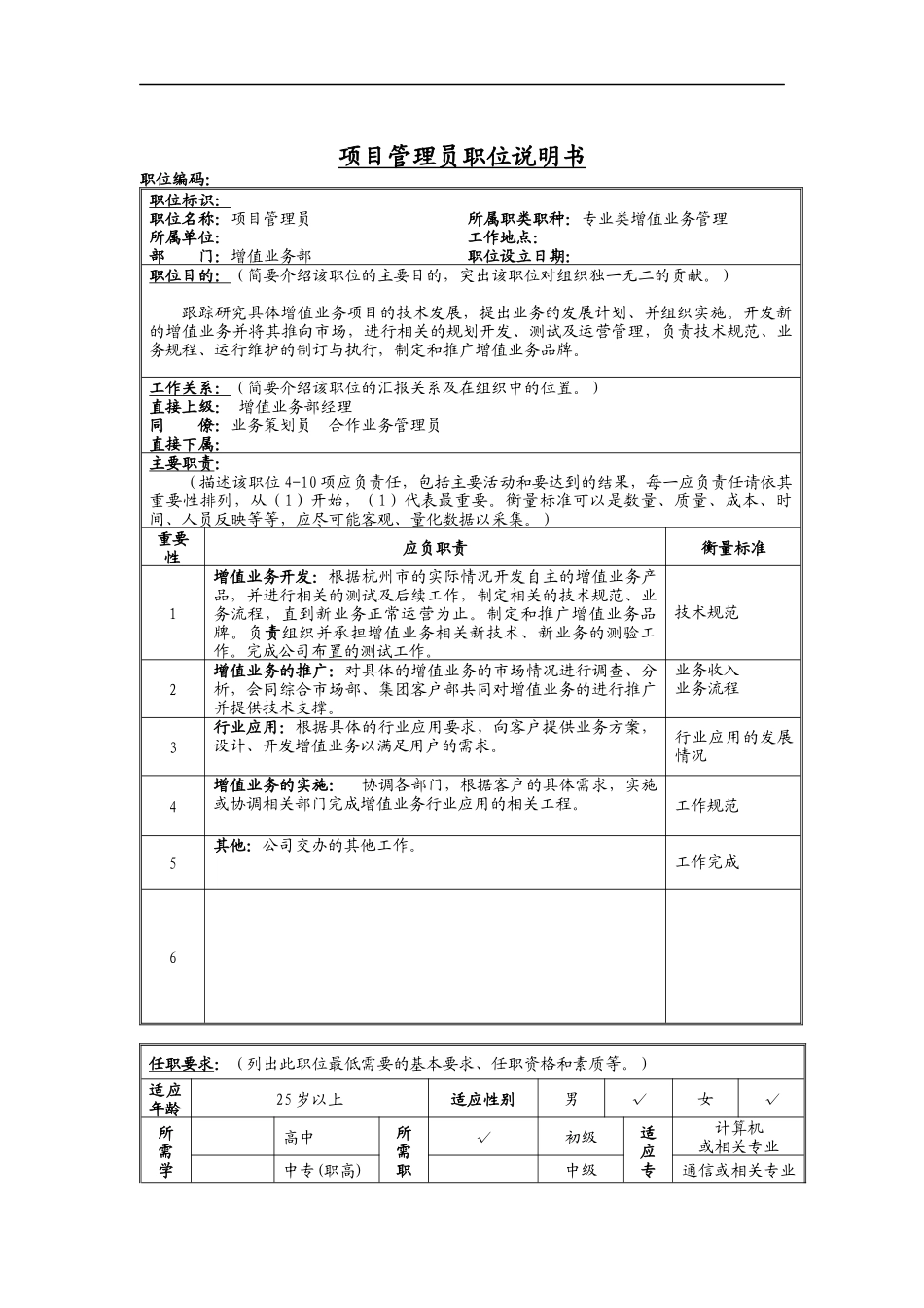 项目管理员岗位说明书_第1页