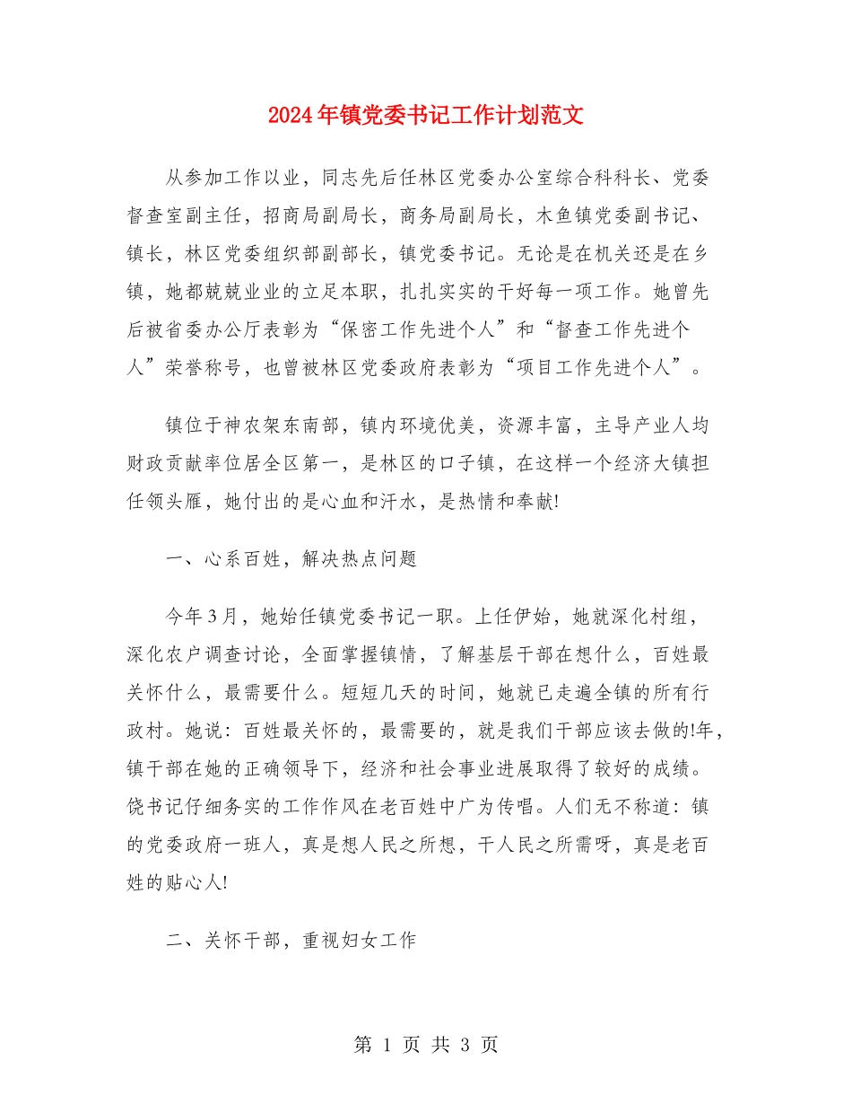 2024年镇党委书记工作计划范文_第1页