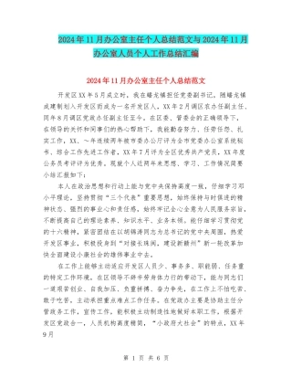 2024年11月办公室主任个人总结范文与2024年11月办公室人员个人工作总结汇编