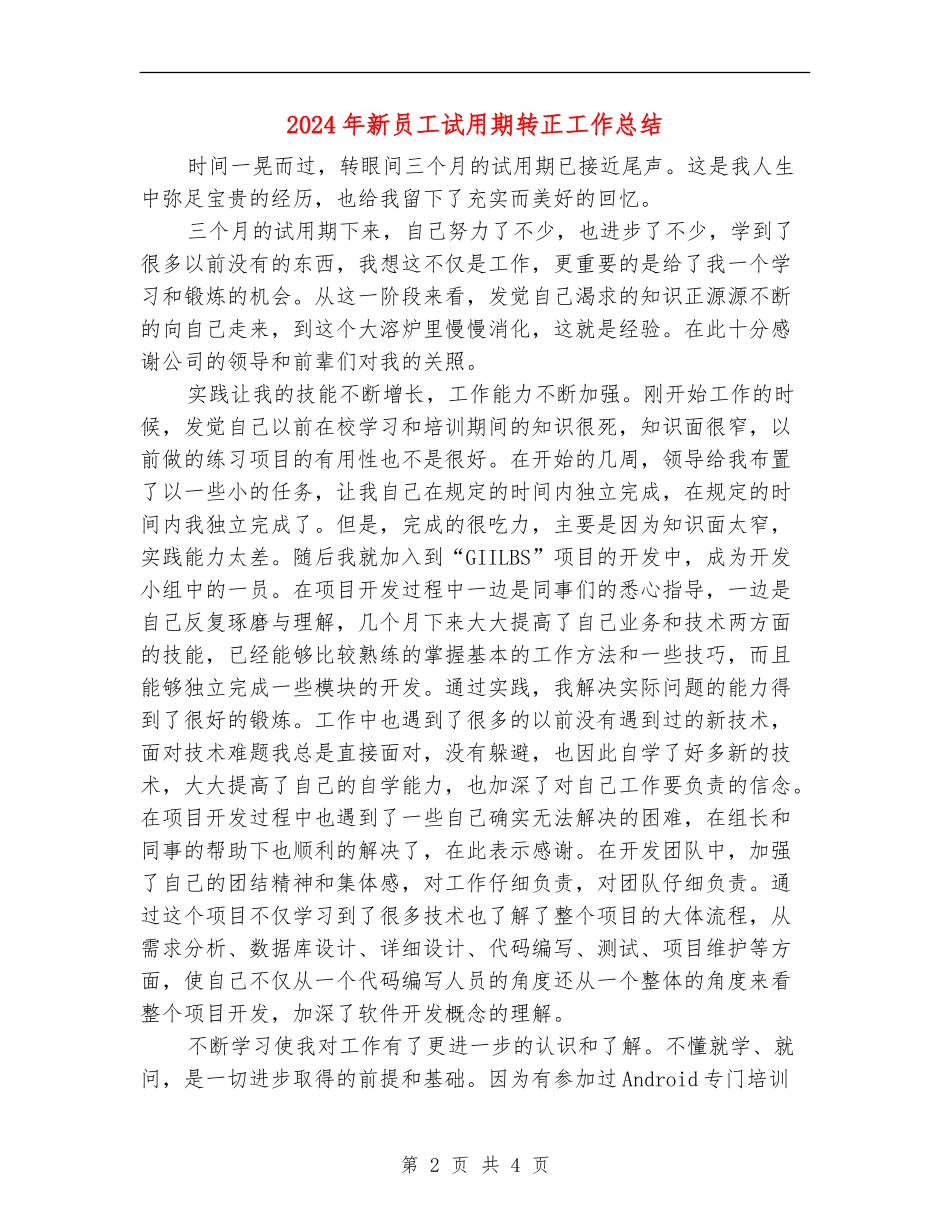 2024年新员工试用期转正工作总结【新版】_第2页