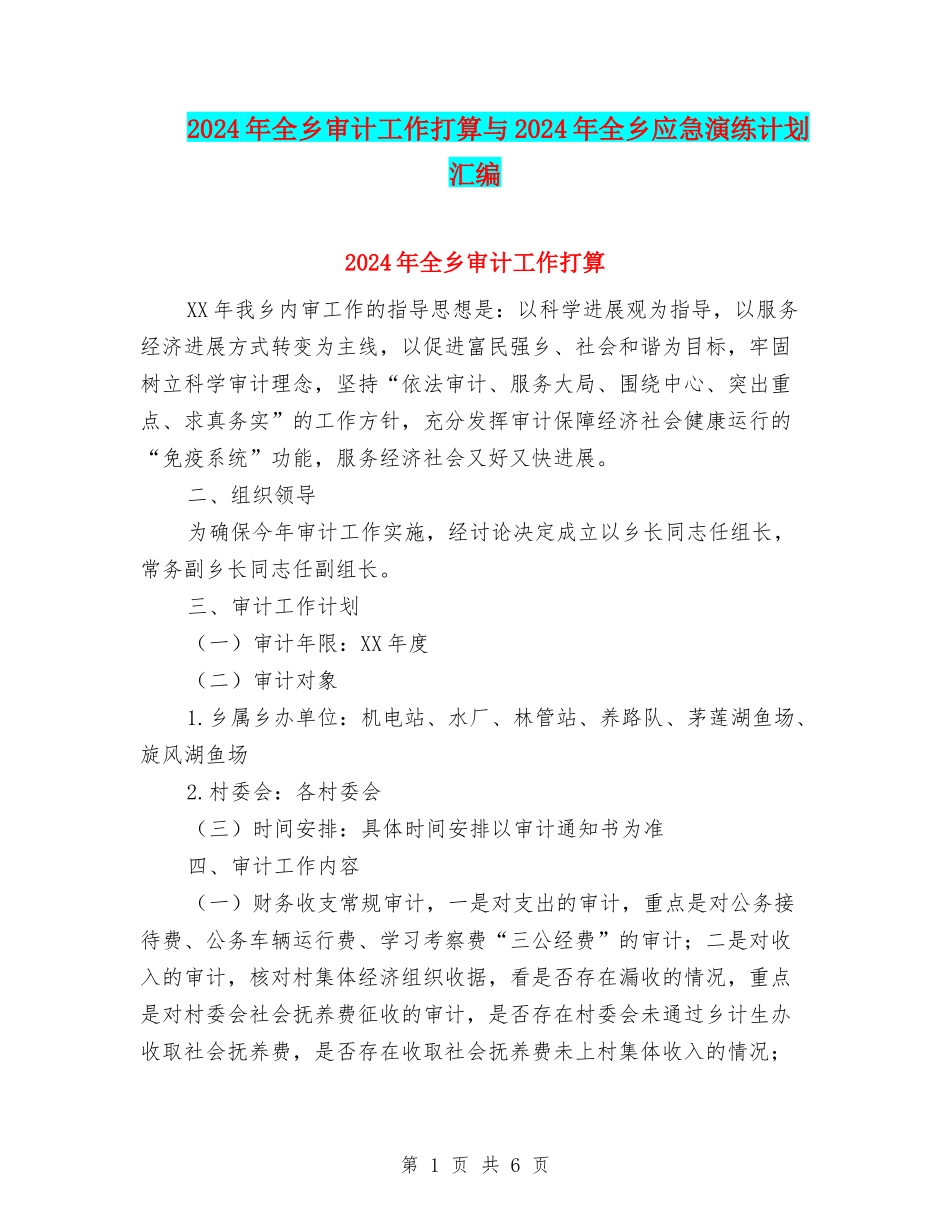 2024年全乡审计工作打算与2024年全乡应急演练计划汇编_第1页