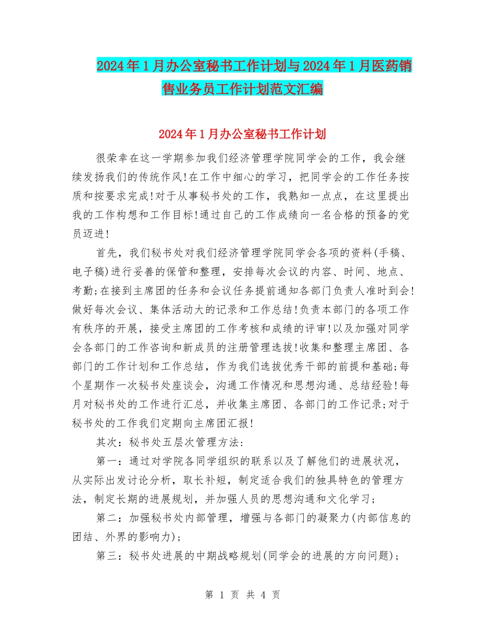 2024年1月办公室秘书工作计划与2024年1月医药销售业务员工作计划范文汇编_第1页