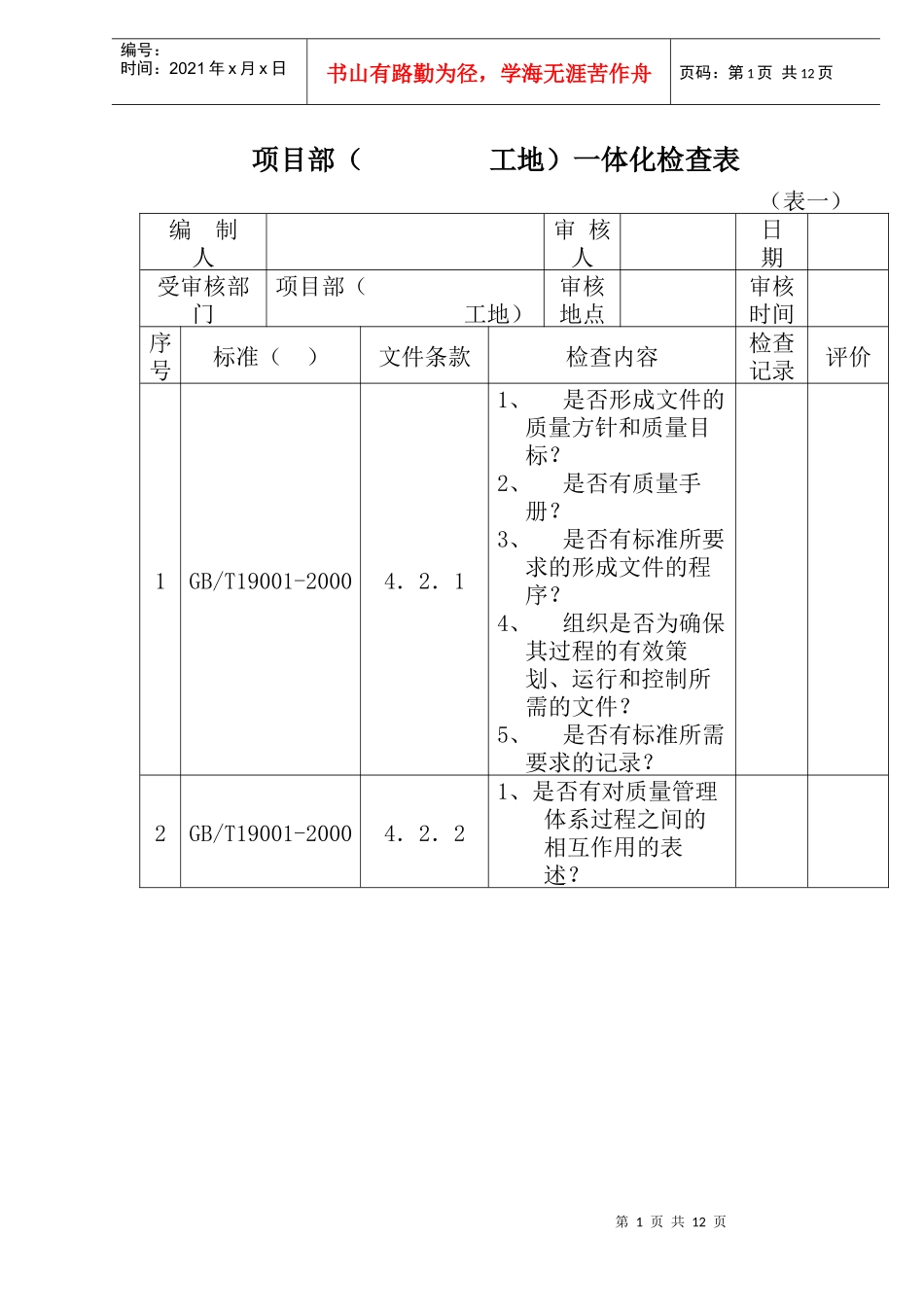 项目部工地一体化检查表_第1页