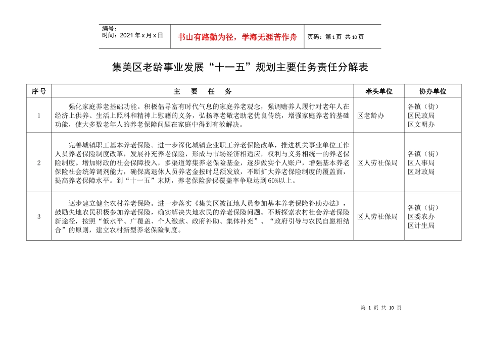 集美区老龄事业发展十一五规划主要任务责任分解表_第1页