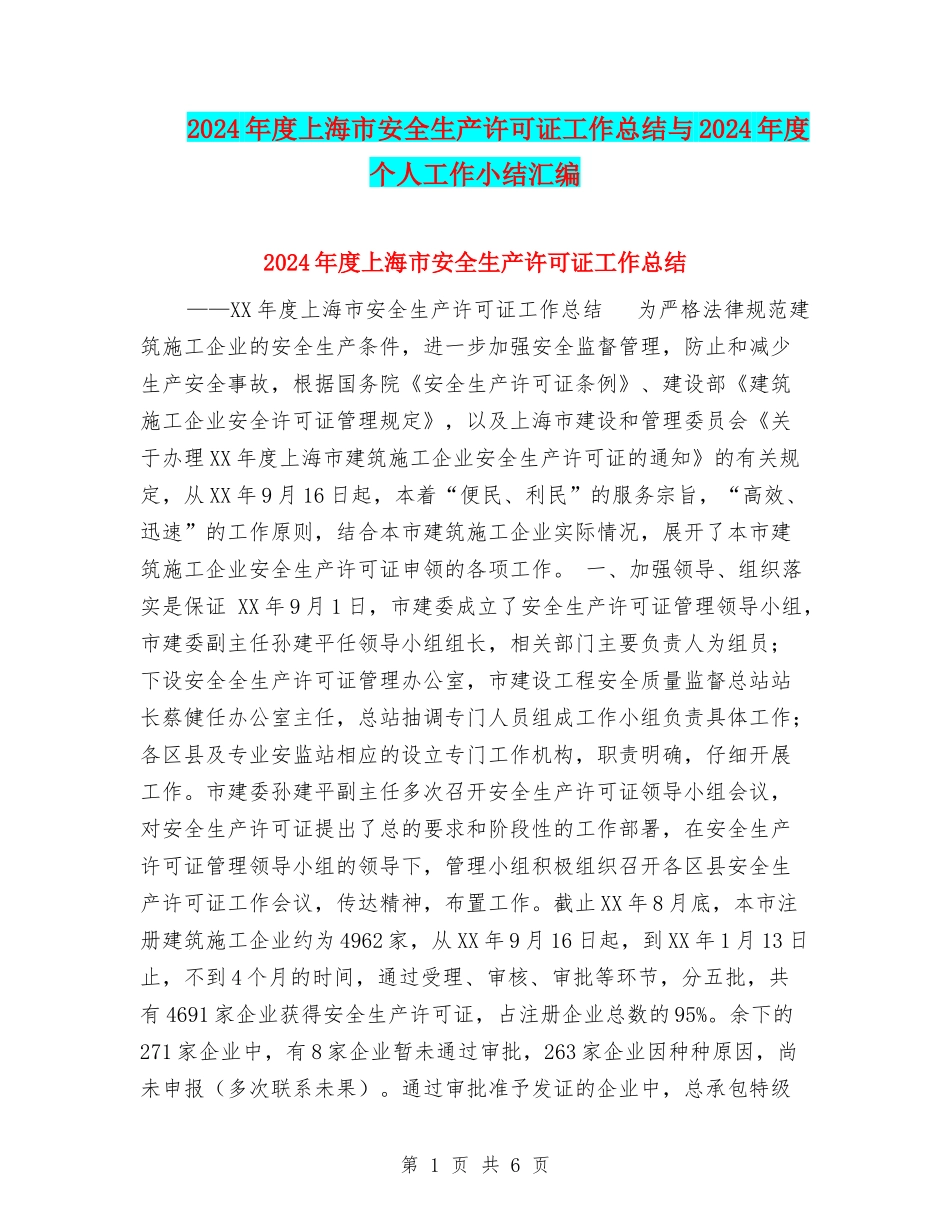 2024年度上海市安全生产许可证工作总结与2024年度个人工作小结汇编_第1页