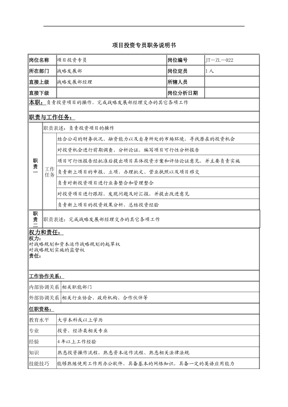 项目投资专员岗位说明书_第1页