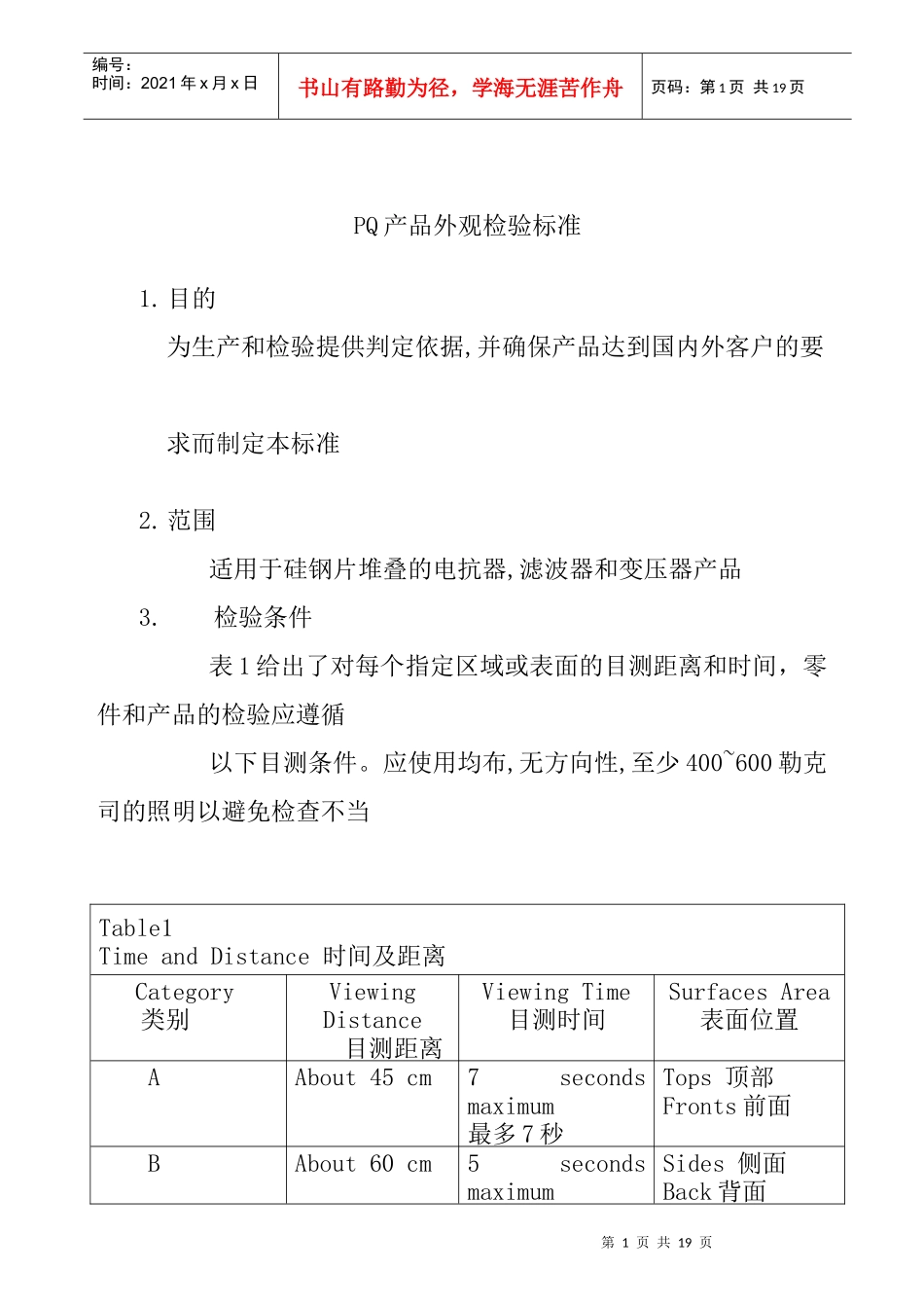 风力太阳能变压器PQ产品外观检验标准_第1页