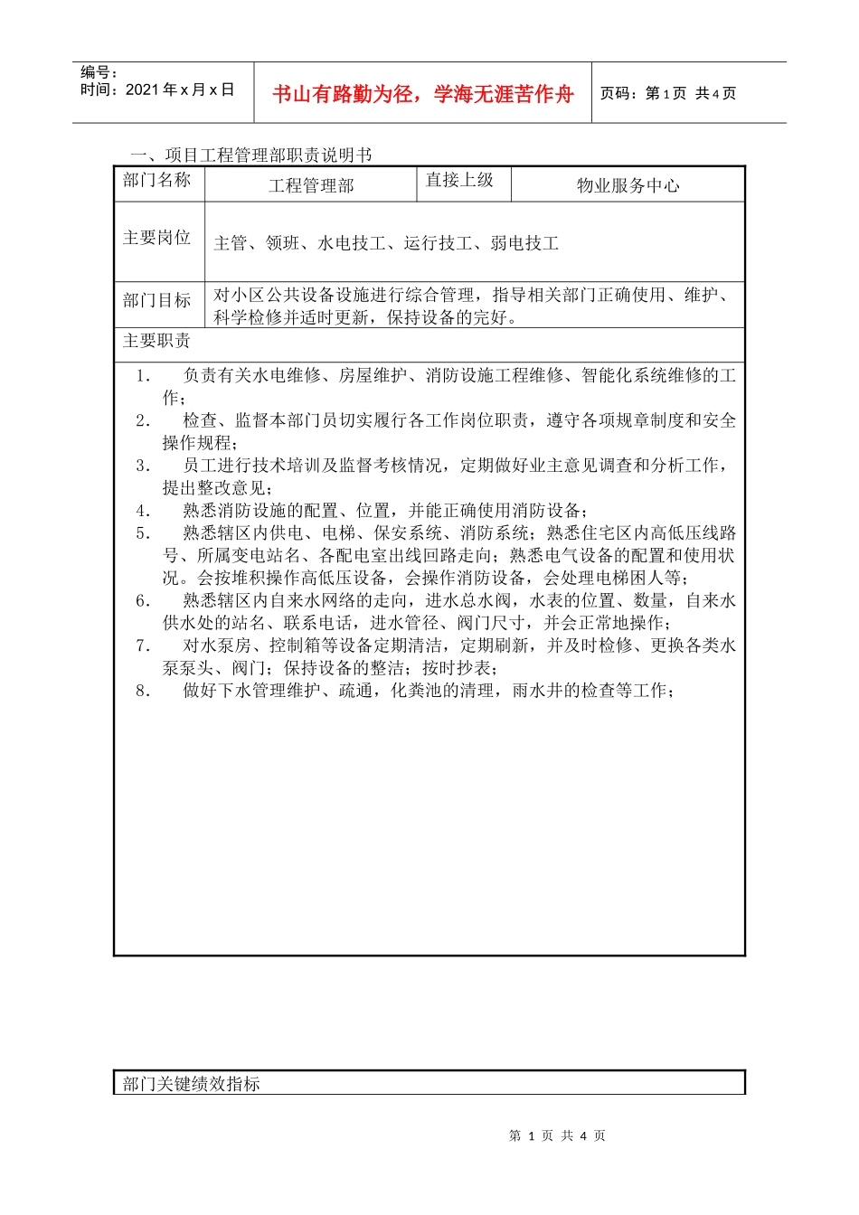 项目工程管理部职位说明书_第1页