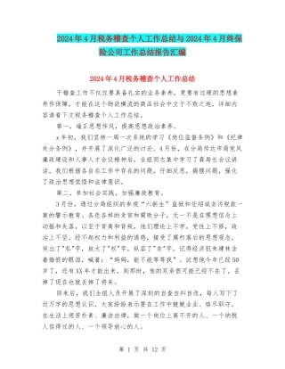 2024年4月税务稽查个人工作总结与2024年4月终保险公司工作总结报告汇编