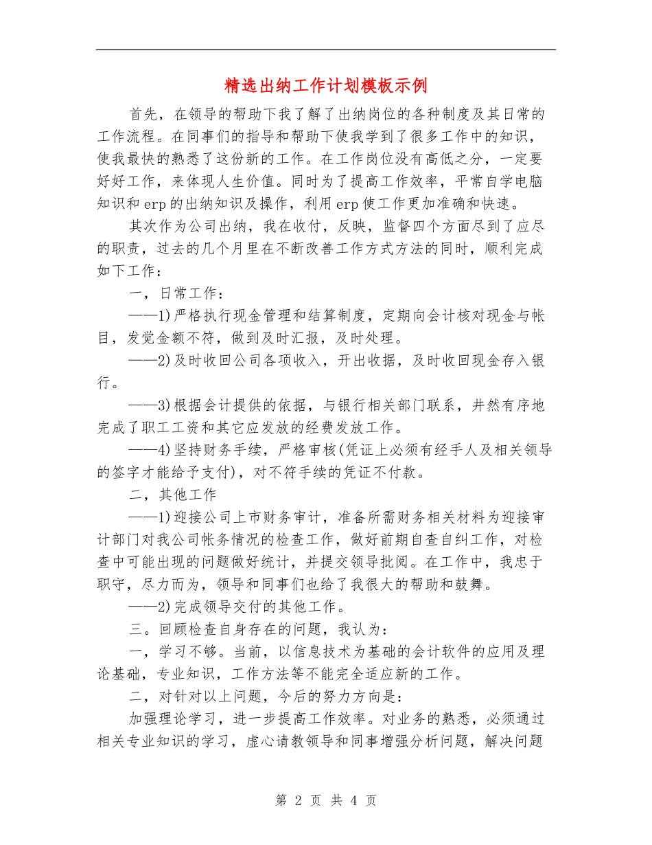 精选出纳工作计划模板示例_第2页
