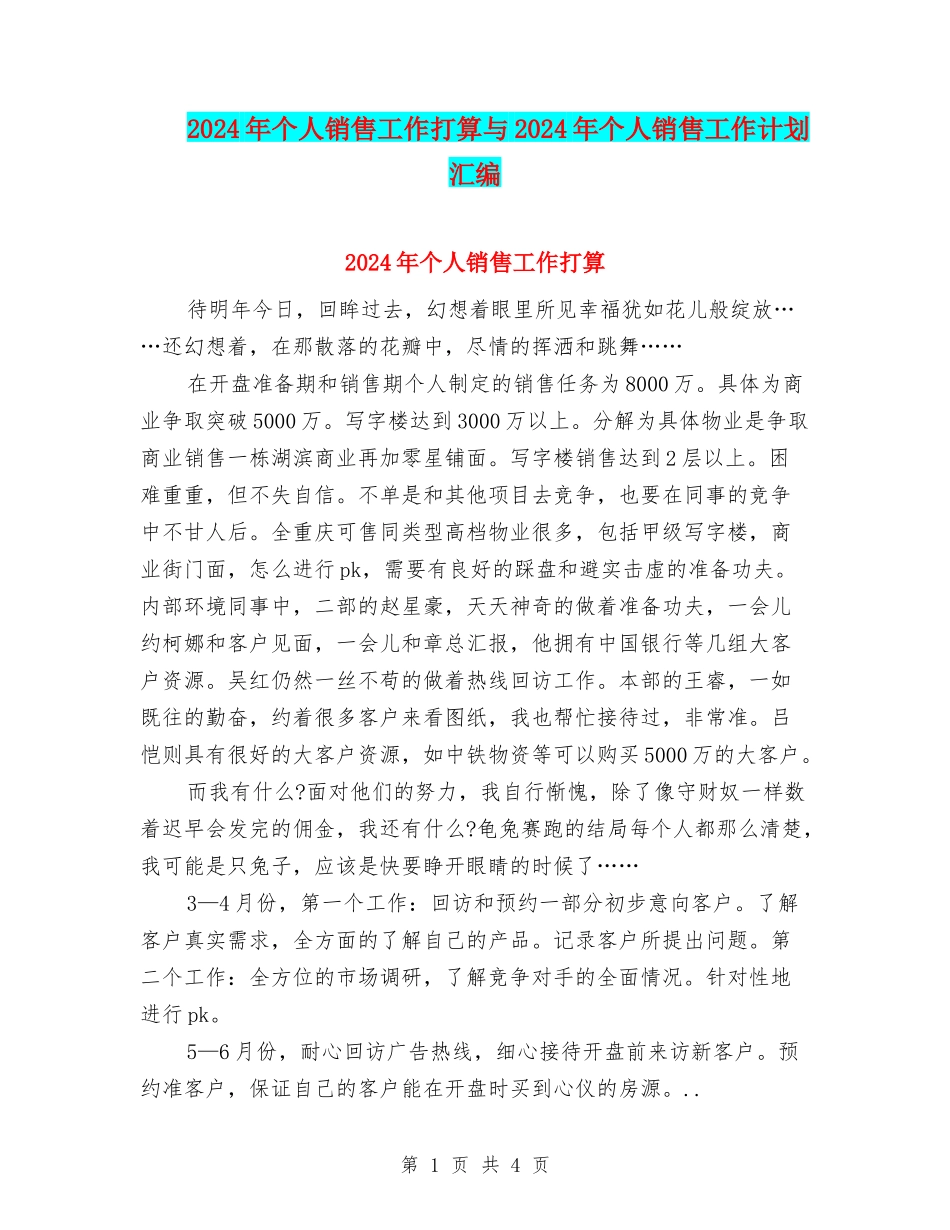 2024年个人销售工作打算与2024年个人销售工作计划汇编_第1页