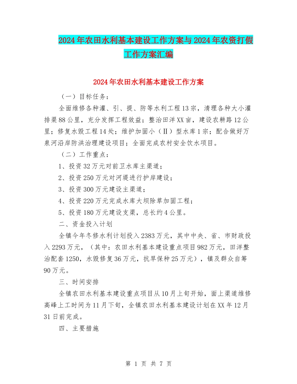 2024年农田水利基本建设工作方案与2024年农资打假工作方案汇编_第1页