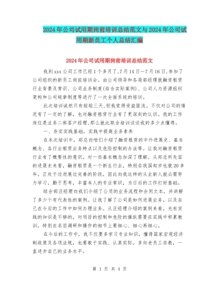 2024年公司试用期岗前培训总结范文与2024年公司试用期新员工个人总结汇编