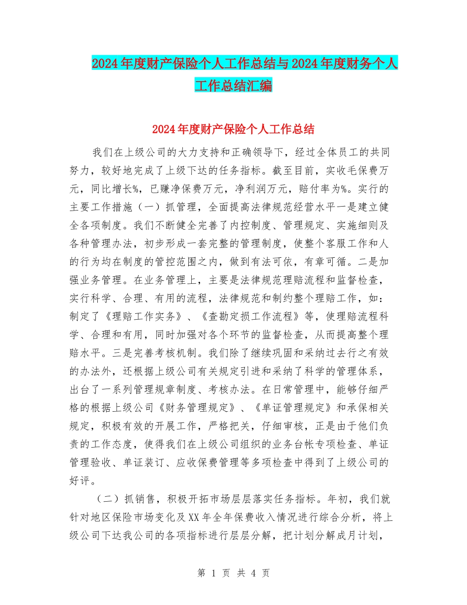 2024年度财产保险个人工作总结与2024年度财务个人工作总结汇编_第1页