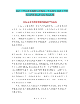 2024年全市质监系统行政执法工作总结与2024年全科医生试用期工作总结范文汇编
