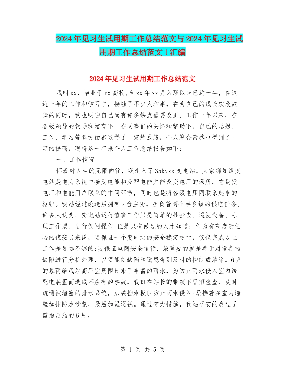 2024年见习生试用期工作总结范文与2024年见习生试用期工作总结范文1汇编_第1页