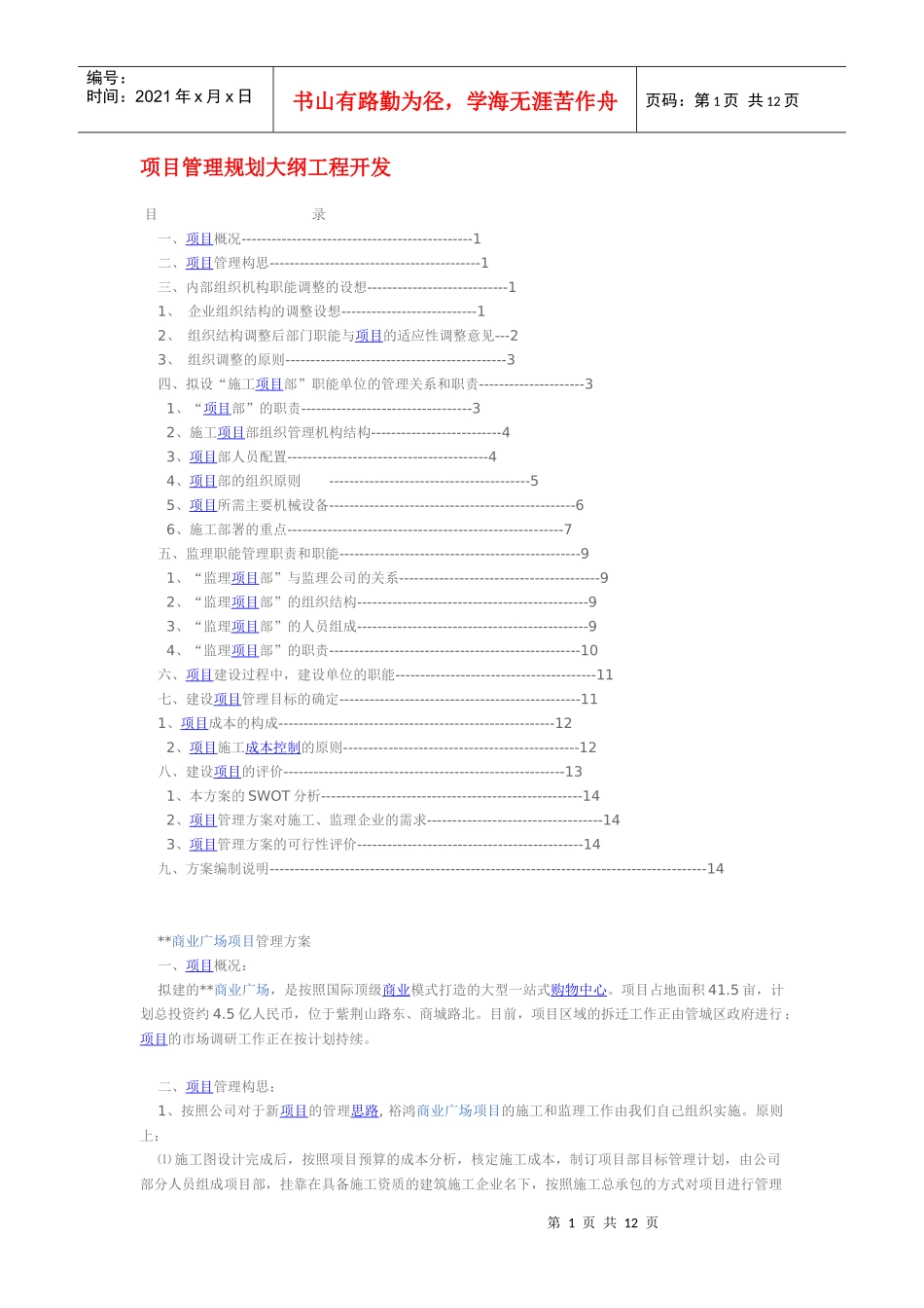 项目管理规划大纲工程开发_第1页