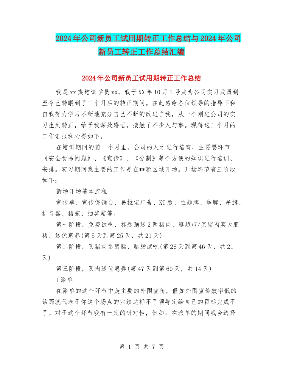 2024年公司新员工试用期转正工作总结与2024年公司新员工转正工作总结汇编_第1页