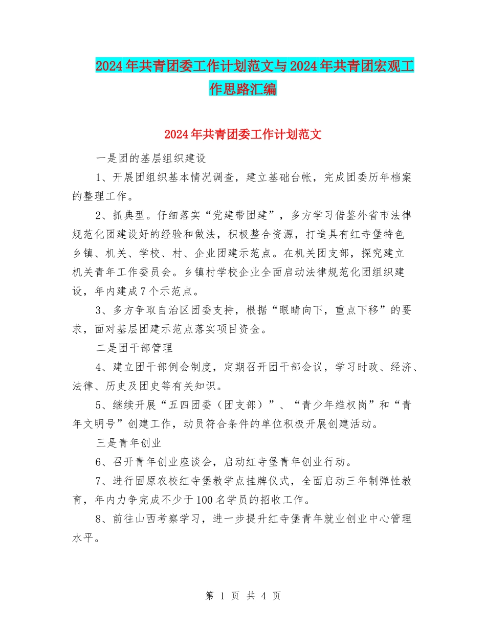 2024年共青团委工作计划范文与2024年共青团宏观工作思路汇编_第1页