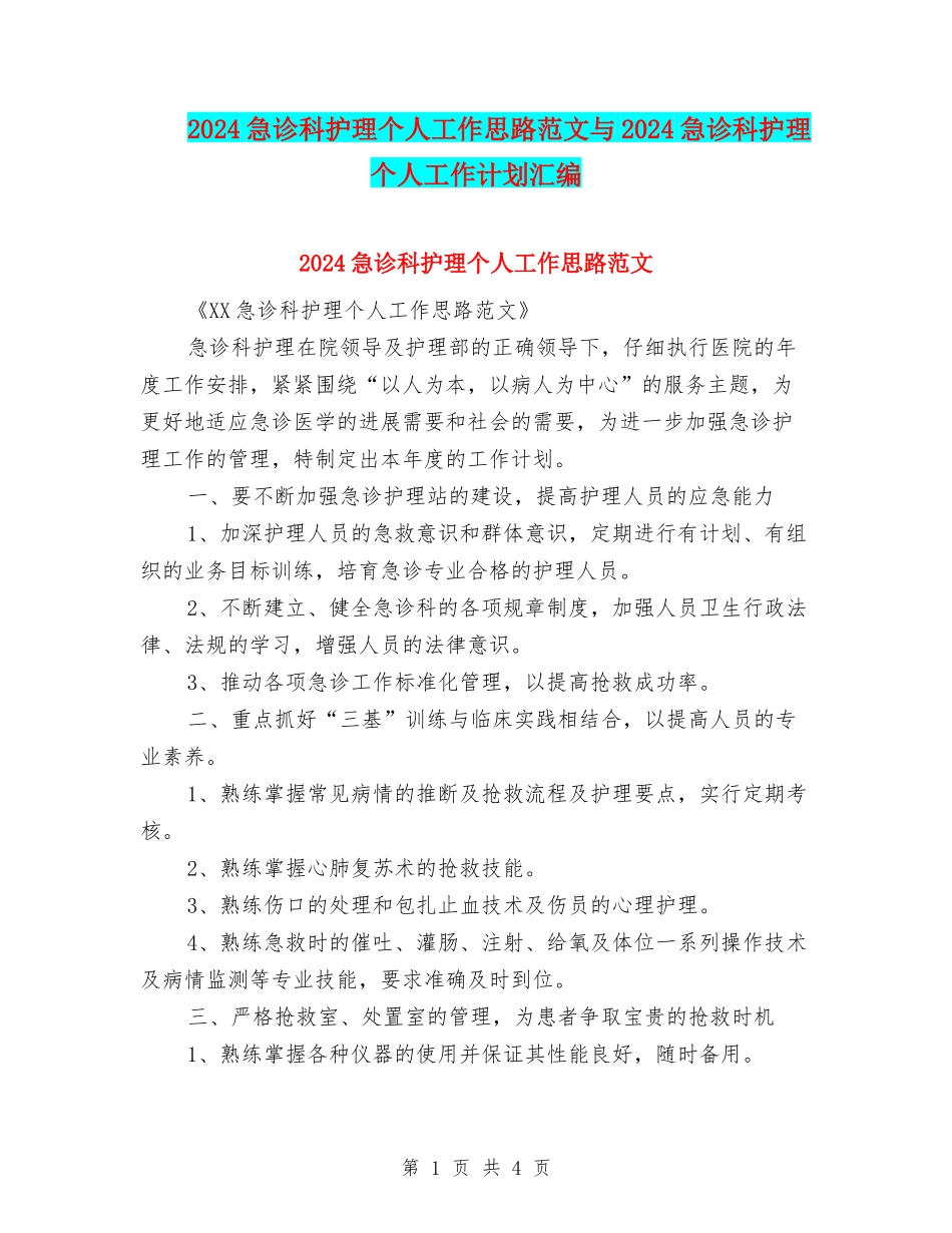 2024急诊科护理个人工作思路范文与2024急诊科护理个人工作计划汇编_第1页