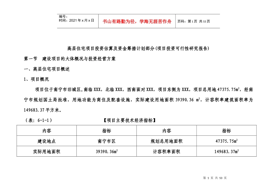 高层住宅项目投资估算及资金筹措计划方案_第1页