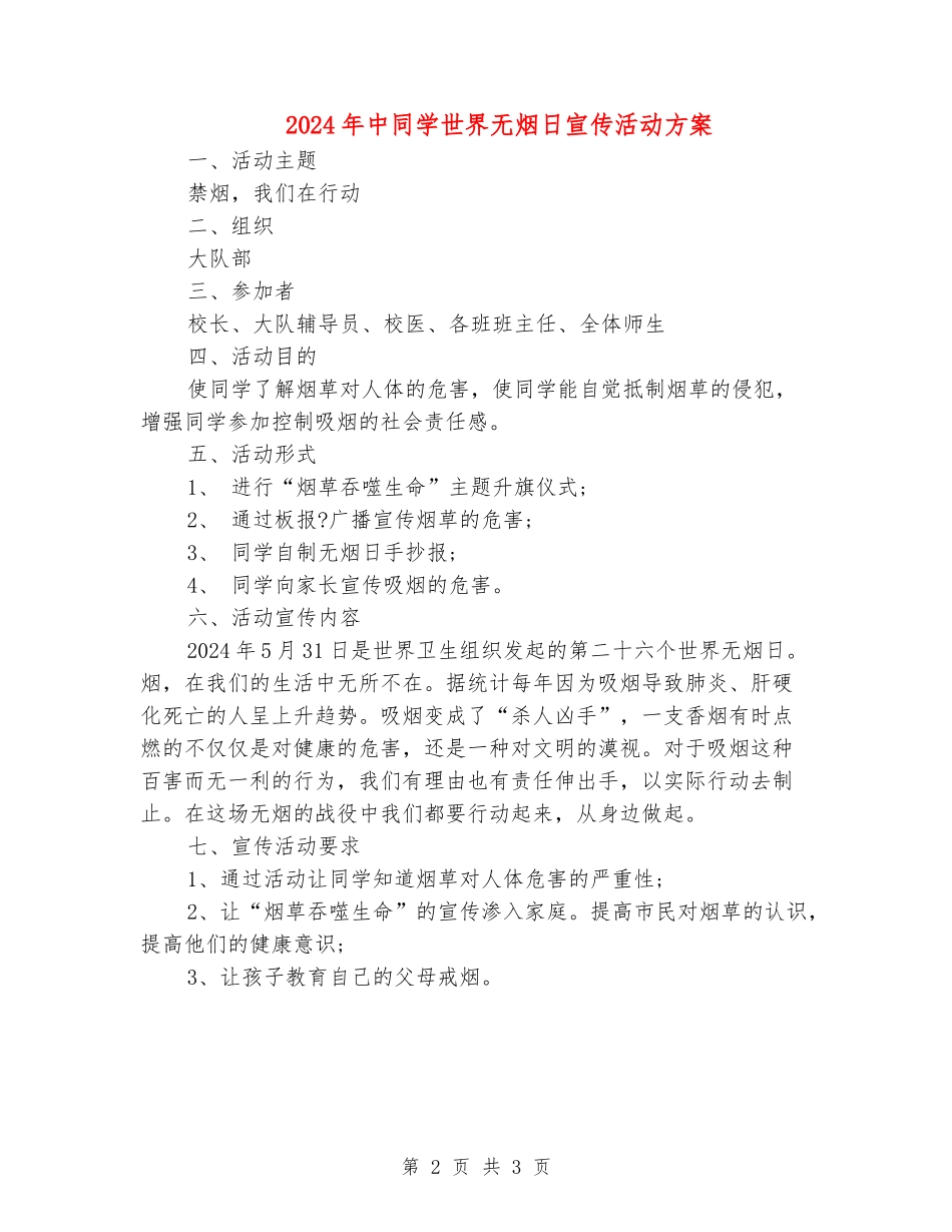 2024年中学生世界无烟日宣传活动方案_第2页