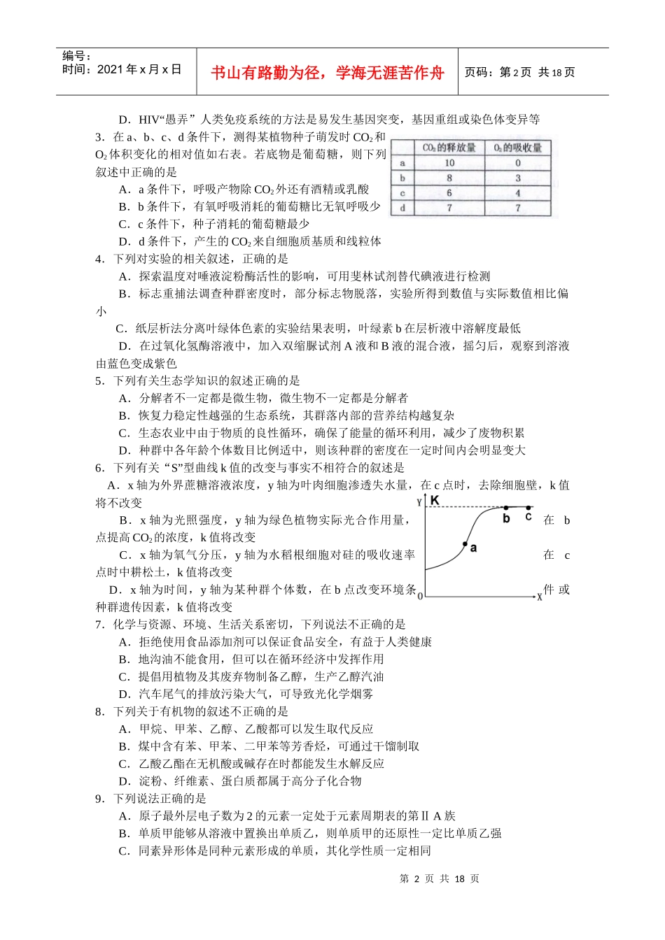 高三理科综合能力诊断性测试_第2页